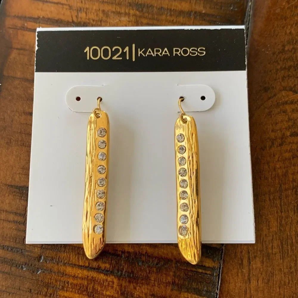 Kara Ross 10021 Gold Tone Bar Earrings, Crystal Accents